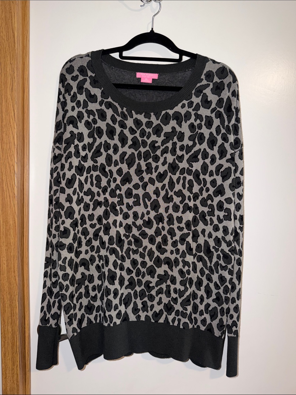 Isaac Mizrahi Gray and Black Leopard Crewneck Sweater